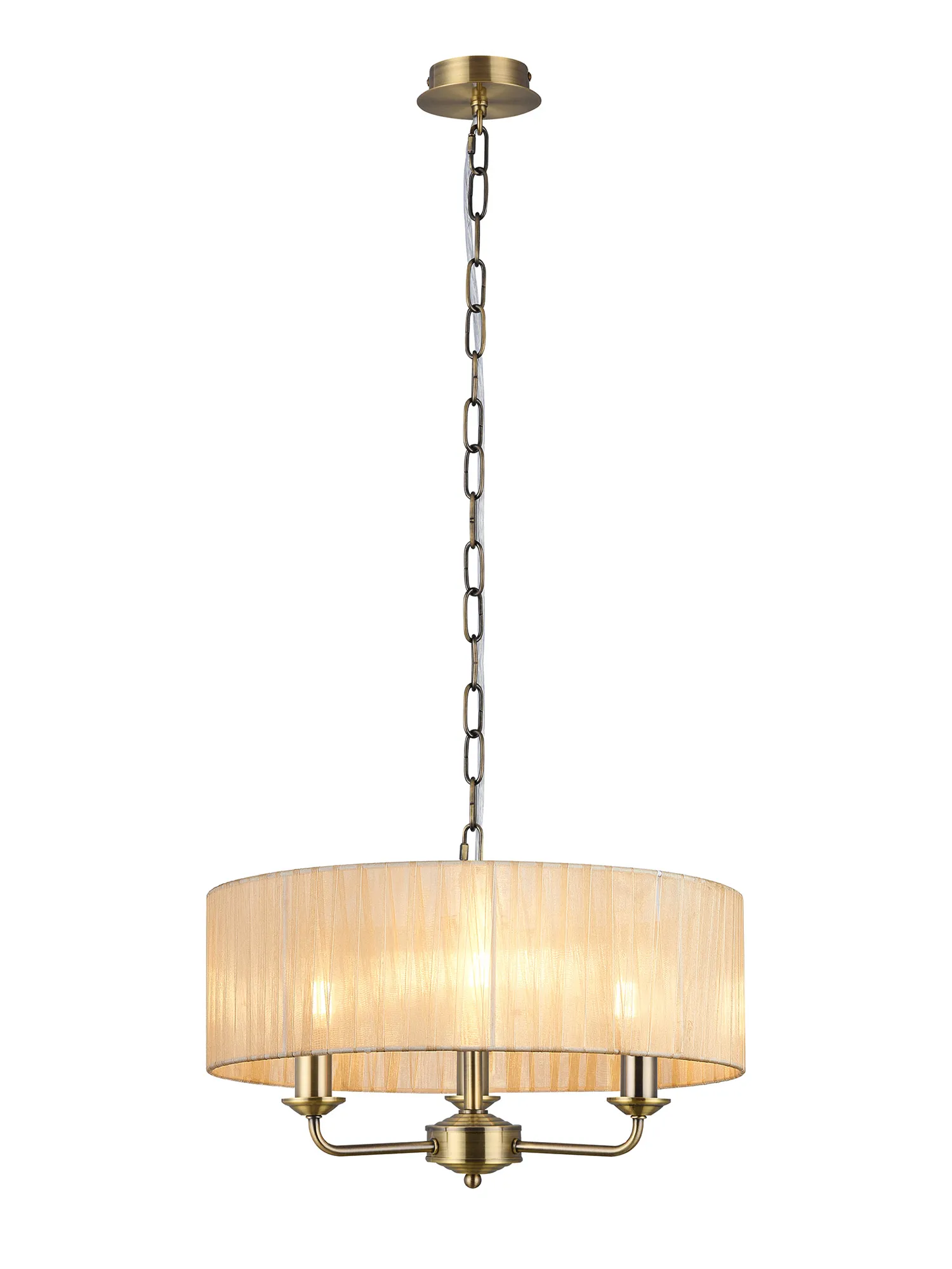 DK0869  Banyan 3 Light Multi Arm Pendant With 45cm x 15cm Organza Shade Antique Brass/Soft Bronze